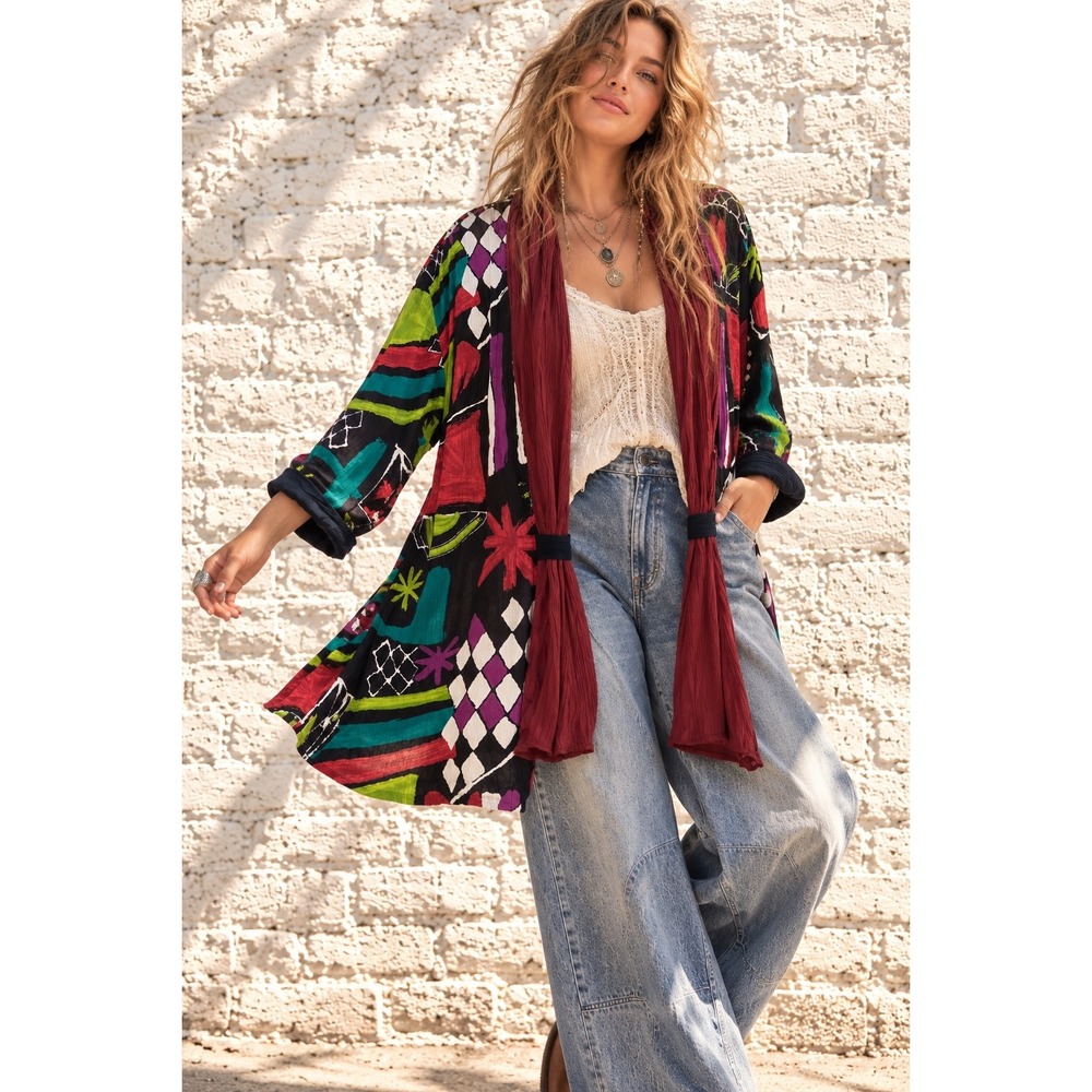 Vintage Fritzi California Rayon Abstract Print Funky Duster Kimono Maximalist M
